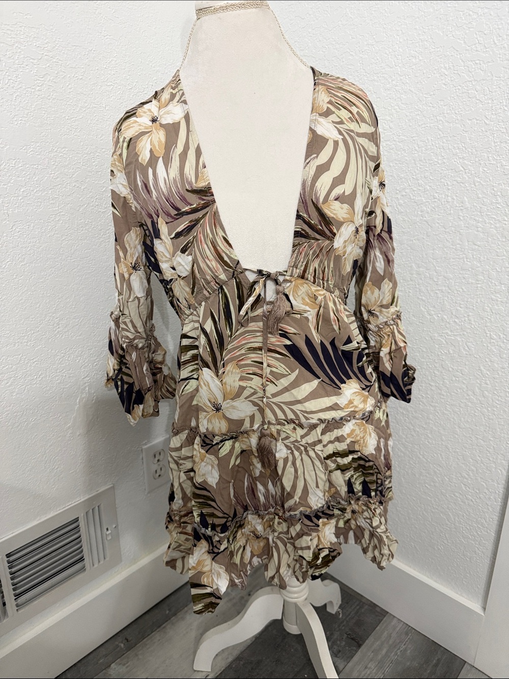 Boho Floral Tie-Front Mini Dress in Neutral Tones